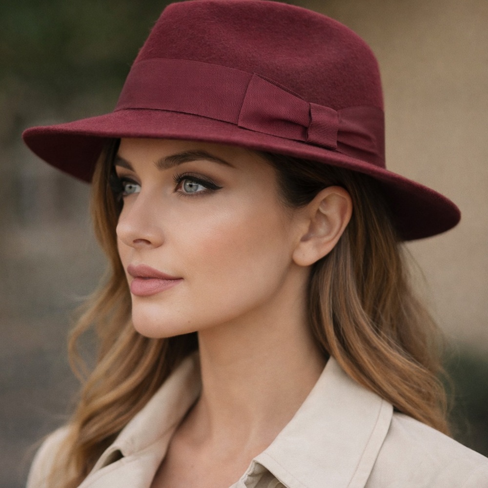SCALA Collezione Burgundy 100% Wool Fedora Hat Wide Brim With Bow Accent OS